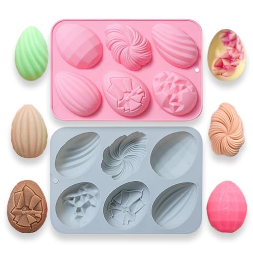 2 paquetes de moldes de silicona para huevos de Pascua, 6 cavidades, antiadherentes, 6 estilos para hacer gelatina, chocolates, pasteles, bombas de chocolate caliente, pudín, hechos a mano, decoración