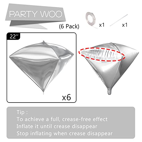 Partywoo Silver Balloons, 6 Pcs Diamond Silver Foil Balloons, 22 Inch Giant 4D Foil Balloons And Ribbon, Balloons For Birthday Decorations, Wedding Decorations, Party Decorations (Balloon) #TOP4