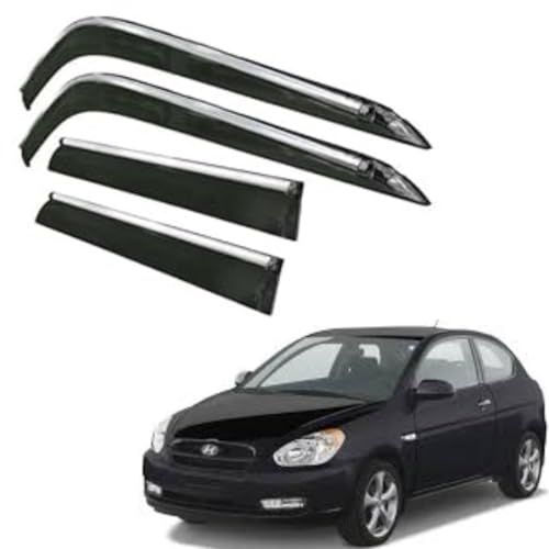 Image of CAR SAAZ Side Door Visors for Accent (2010-2013)(Set of 4Pcs)|Smoke Finish Chrome Lined Rain Guards, Polycarbonate