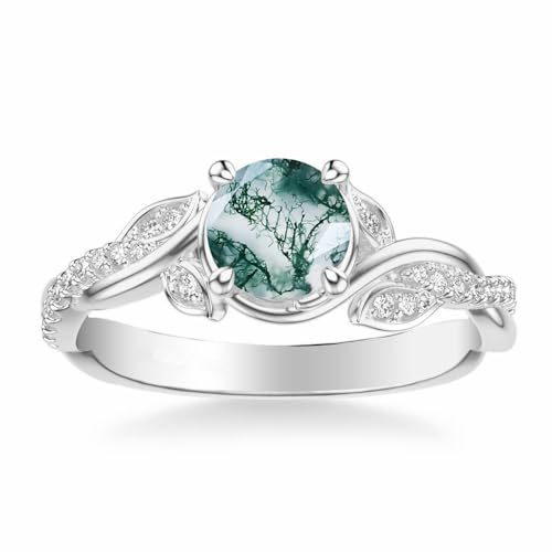 Blocaci Leaf Natural Moss Agate Engagement Rings for Women 1CT Center Moss Agete Rings with Moissanite 925 Sterling Silver 10K 14K 18K Gold Promise Rings for Her