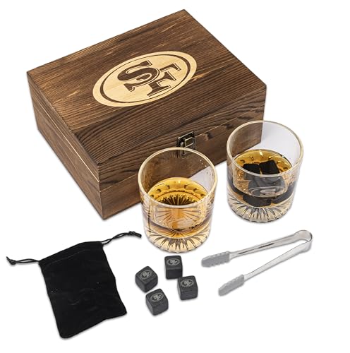 The Memory Company Officially Licensed NFL Wood Boxed Drinkware Set, with 2 Rocks Glasses and Cooling Cubes, San Francisco 49ers