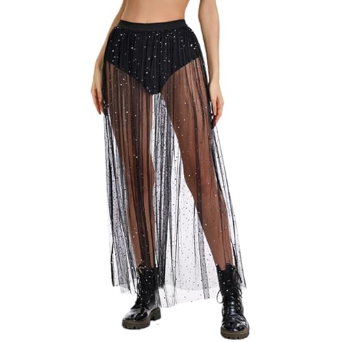 TYXHXTF Sexy 2 in 1 Transparent Mesh Rock Shorts, Schwarzer Langer Tüllrock, High Waist Maxirock Glitzer Sterne mit Shorts für Party Musikfestivals...