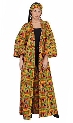Satsuma Women\'s Long Kimono Robe, 2 Deep Pockets with Matching Headwrap, African Trench Coat, Kente Cardigan Jacket Afrocentric, One Size