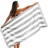 Winthomeビーチタオル90×180CM大判サイズ 防砂 薄手 ポーチ付き 旅行タオル マイクロファイバー 吸水 速乾 軽量 ビーチマット 海 プール 速乾 ジム ヨガマット 敷物グレー・ストライプ柄, 180*90cm 1枚)