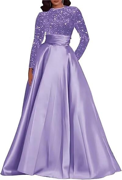 EBAKUS Long Sleeves Prom Dresses Sparkly Sequin Long A-line Satin Evening Party Gowns