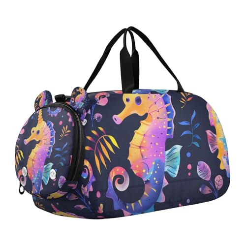 Duffle Bag for Boys or Girls with Shoes Compartment, Neon Seahorse Sports Travel Bag Overnight