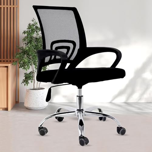 Image of Desk Chair Mesh Computer Chair with Armrest Executive Rolling Swivel Adjustable Mid Back Chair - Black & Black Handle