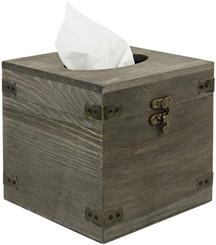 MyGift Vintage Gray Wood Square Facial Tissue Box Holder Cover with Hinged Lid and Hook Lock Latch