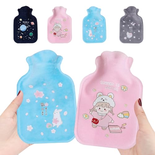 4 Pcs Small Hot Water Bottle with Cover, Mini Hot Water Bottle for Pain Relief, Portable Small for Travel/Office, Menstrual Cramps, Leakproof with Removable Knitted Cover