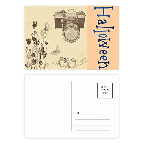 Cartes postales d'Halloween en appareil photo avec rose et papillon | Lot de 20
