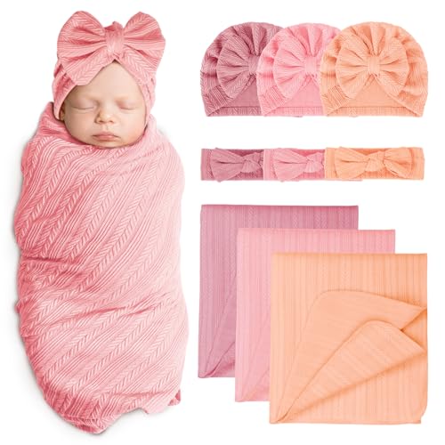 Image of AQOKKA Baby Swaddle Blankets with Bow Hat Headband Set Wheat-Pattern Infant Receiving Blankets Swaddles for Newborns Unisex Toddler Swaddle Wrap Sets for Baby Girls Boys Nursery Warm Shower Gift
