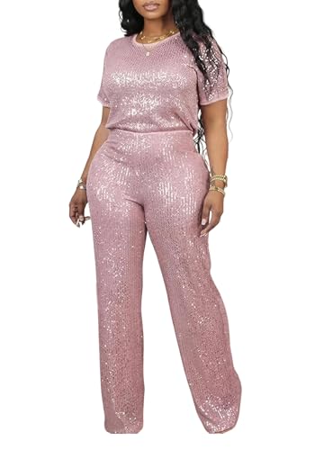 LKOUS Women's Off Shoulder Sequin Jumpsuit Sparkly Short Sleeve High