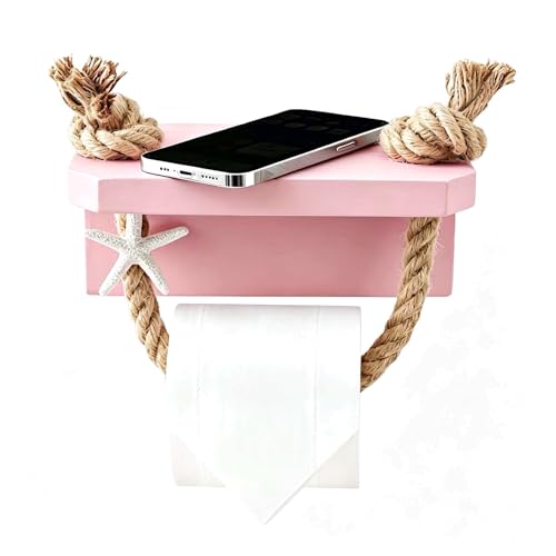 Perfeso.L Mermaid Toilet Paper Holder - Pink Beach Coastal Rope Bathroom Decor with Starfish Wall Mount, Farmhouse Tissue Holder with Wood Shelf, Rustic Towel Rack Bathroom Accessories