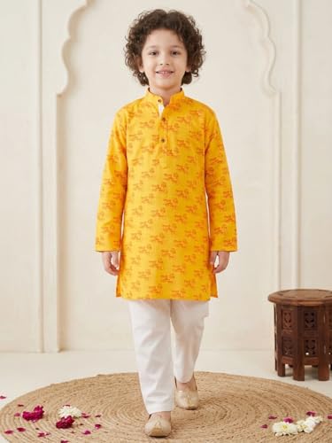 Image of AJ DEZINES Boys Cotton Full Sleeve Letter Printed Kurta Pajama Set for Kids - Ethnic wear | Special Occasion & Traditional Outfit |Boys Kurta Set - Regular Fit