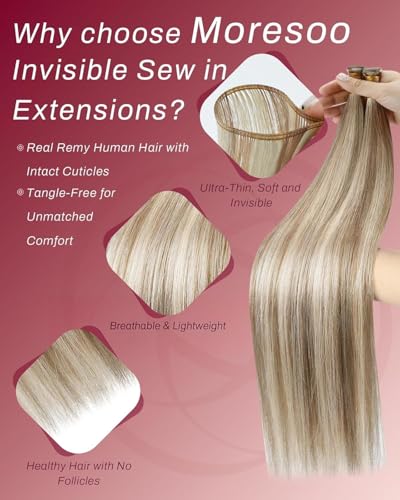 Image of Moresoo Genius Weft Hair Extensions, Highlight Brown with Blonde | Crafted with Remy human hair, 18 Inch 50g, natural movement for parties, events and creative styles