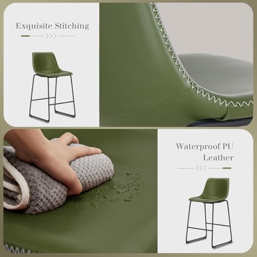 Image of DUMOS Bar Stools Set of 2, Faux Leather Counter Height Bar Chairs for Pub | 26 Inch Barstools with Back, Metal Legs, Footrest, Armless, Modern, Kitchen Island, Living Room, Cafe, Green