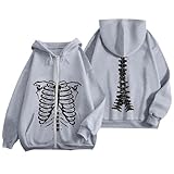 2026 Damenjacken, Reißverschluss, Kapuzenpullover, übergroß, Streetwear, Skelett-Grafik, lässig, weiche Fleece-Jacke, Stil, athletisch, bequeme Passform, grau, M