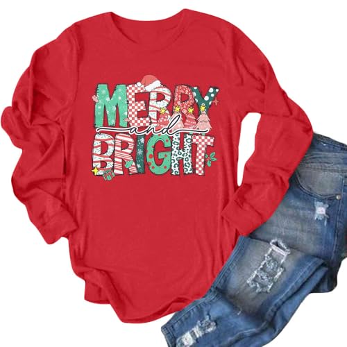FASHGL Camiseta de Navidad para mujer, diseño de luces navideñas, de manga larga, rojo-2, S