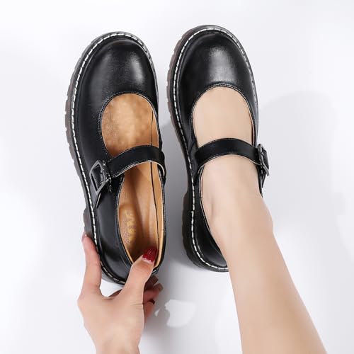 Xmm WF Mary Jane Shoes Women Oxford Shoes Leather Round Toe Flats Non-Slip Ankle Buckle Strap Comfort Casual Dressy Cosplay Party School Work Shoes Black Us 8.5 thumb #1