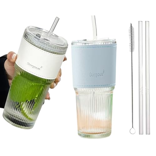 CNKHDZ 2 Pezzi 600ml Bicchieri da Acqua con Coperchio e Cannuccia e Vetro Resistente alla Temperatura e impermeabile Ermetico, Adatto per Succo, Cocktail, Birra, Caffè