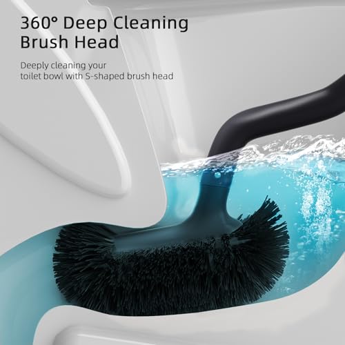 Image of HAMITOR Toilet Bowl Brush Holder Set: Bathroom Deep Cleaning Toilet Cleaner Scrubber Under Rim with Curved Bristle for Dead Corner Clean - Hidden Rv Toilet Decorative Accessories with Caddy- Black