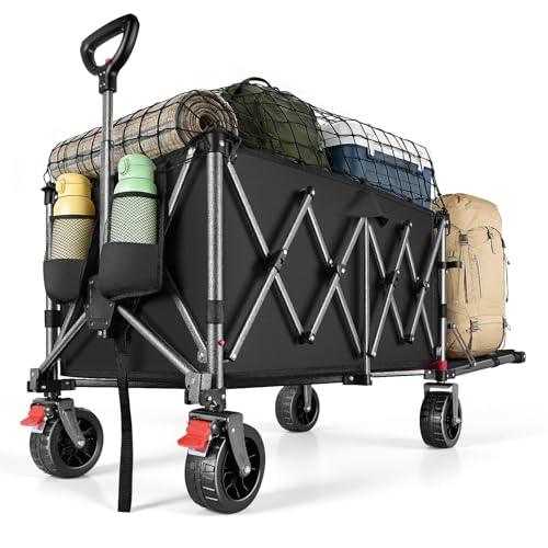 YEAUPE PRO Carrello Pieghevole con Ruote – Carrello Spiaggia con Ruote Grandi e Doppi Freni, Pannello Posteriore Apribile, per Campeggio, Pesca, Oggetti Lunghi, 150-240L Nero