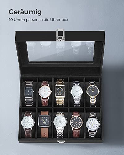 SONGMICS Uhrenbox mit 10 Fächern, Uhrenkasten, Glasdeckel, Uhrenkoffer, herausnehmbare Uhrenkissen, Metallverschluss, Geschenkidee, PU-Bezug in Schwarz, Innenfutter in Schwarz JWB010B02