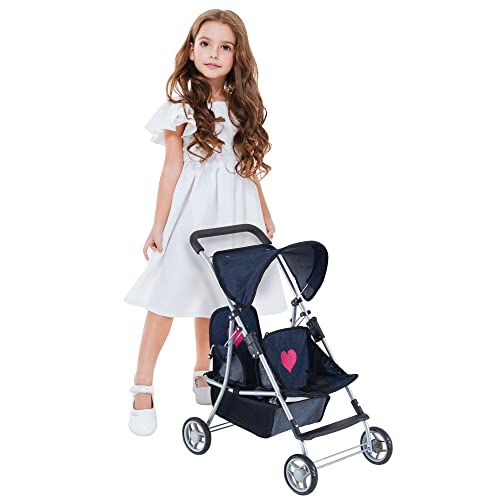Double Baby Doll Stroller For Twin Dolls | Toy Doll Stroller For Toddlers, 4 Year Old, 5 Year Old Girls, 8 Year Old | 25” Tandem Play Toy Stroller For Baby Dolls, Denim Baby Stroller For Dolls #TOP4
