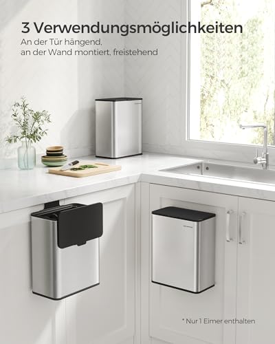 SONGMICS Mülleimer hängend, 8 L Komposteimer Küche, Stahl-Abfalleimer mit Deckel für Biomüll, mit Haken, an der Schranktür oder Wand, für Unterschrank Badezimmer, metallisches Silber LTB810E08