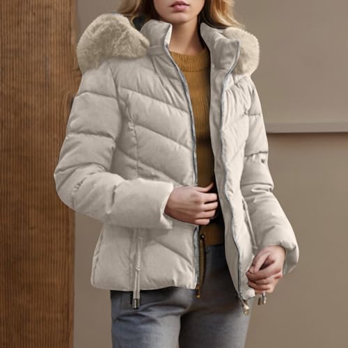 Womens Winter Puffer down Coats Zipper Long Sleeve Faux Fur Hood Short Padded Jackets Casual Warm Cozy Ladies Outwear2