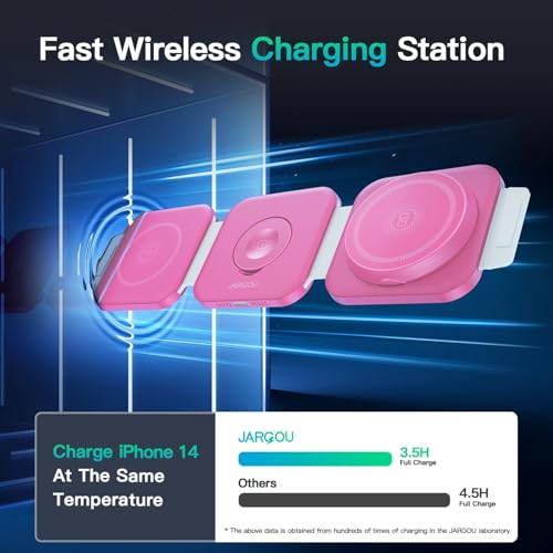 Image of 3 in 1 Magnetic Wireless Charger, Fast Charging Station for iPhone 17 /16 /15 /14 /13 /12 Series, Travel Charger for Multiple Devices for AirPods 4 /3 /2 /Pro, Charging Stand for Apple Watch Series (Pink)