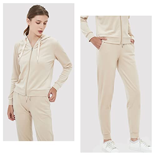 Liki Swan Women's 2 Piece Velour Tracksuit Set Long Sleeve Hoodie Sports Jogging Pants Set With Pockets Sweatsuits Beige L #TOP1