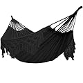 Double Sized Boho Macrame Black Hammock with Elegant Tassels and Fishtail Knitting 485Lbs Includes Tie Ropes and Black Drawstring Bag for Women