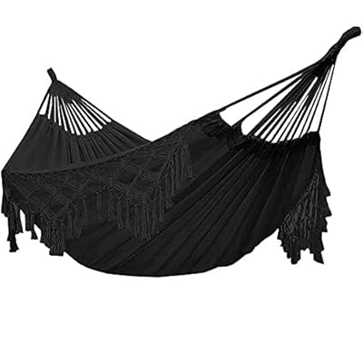 Double Sized Boho Macrame Black Hammock with Elegant Tassels and Fishtail Knitting 485Lbs Includes Tie Ropes and Black Drawstring Bag for Women