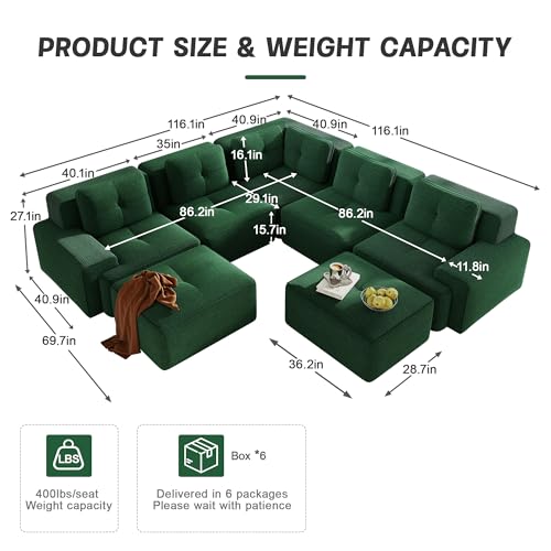 Image of 116.1 inch Modular Sectional Boneless Sofa with 5-Seater, V-Shaped Corner Deep Seat Sofa for Living Room, Big Comfy Cloud Couch with 2 Movable Ottomans, Corduroy Fabric, No Assembly, Green
