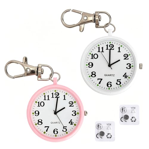 TNSLAND Lot de 2 montres d'infirmière avec clip, montre de poche avec mousqueton pour infirmière, montre de poche lumineuse avec grand cadran, montre porte-clés pour hôpital, maison de soins