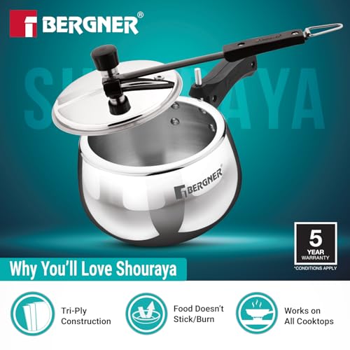 Image of Bergner Shouraya Triply Stainless Steel 2.5 Litres Inner Lid Pressure Cooker, Belly Shape, Faster and Even Heat Distribution, Healthy Cooking, ISI-Certified - Induction and Gas Stove Ready