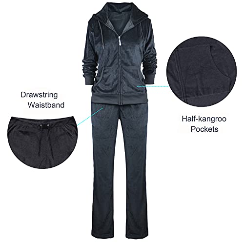 TanBridge Women's 2 Piece Solid Velvet Tracksuit Set Full Zip-up Hooded Sweatshirts & Pants Set