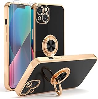 YIRSUR Case Compatible with iPhone 13 6.1", with 2 Screen Protector, with Ring Holder Plating Rose Gold Edge 360° Kickstand Cover Slim Soft Flexible TPU Protective Phone Cases -Black