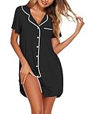 Ekouaer Womens Nightgown Button Down Sleepshirts Short Sleeve Sleepwear Boyfriend Nightshirts Pajama Dress Black M