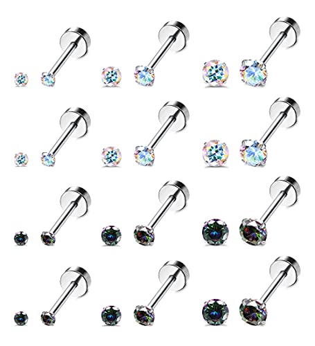 JOERICA 12Pairs 20G Stainless Steel CZ Stud Earrings for Women Men Cartilage Helix 2mm Stud Earrings Set Round Cubic Zirconia Screw Flat Back Stud Ear Piercing