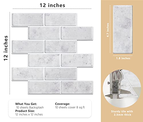 Vamos Tile 10-Sheet Peel And Stick Subway Tiles For Kitchen, Thicker 12"X12" Self Adhesive Shiny Pet Wall Tiles Stick On Backsplashes For Kitchen And Bathroom (Light Grey Marble Veins) #TOP5