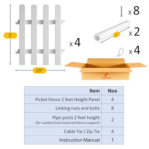 Image of 2 feet Tall (Height) Garden Decorative partition /Picket Fence - Set of 4 - Solid White PVC - Waterproof - with Pipe Posts for Support in Soil - 6feet 2inch Running Length (Boundary /Edging)