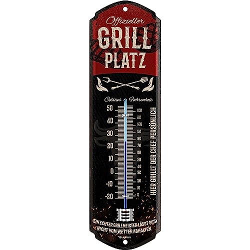LANOLU Retro Blechschild GRILLPLATZ THERMOMETER - GRILL Schild Garten außen - Deko Garten Vintage Schilder - Blechschild Grill Geschenke Schild aus Metall mit Wölbung 8x28cm