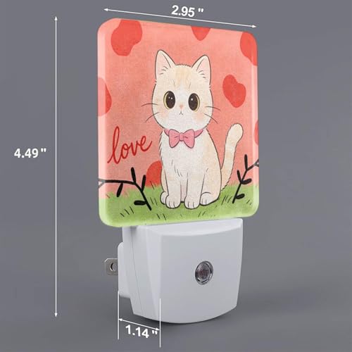 Image of Love Heart Cute Cat Kitten LED Plug-in Night 2 Lamp, Auto Sensor Nightlights Adults for Bedroom Bathroom Set of 2