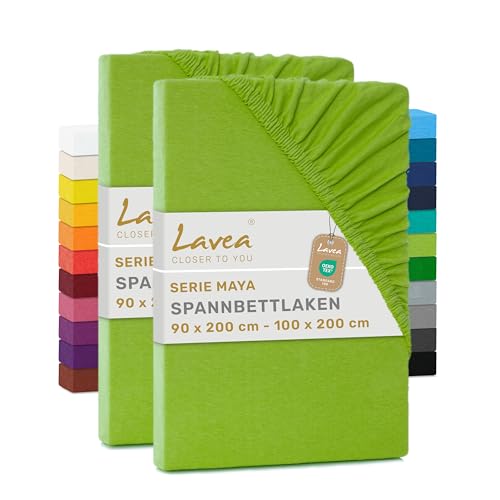 npluseins klassisches Jersey Spannbetttuch - erhältlich in 34 modernen Farben und 6 verschiedenen Größen - 100% Baumwolle, 90-100 x 200 cm, apfelgrün 4 Lavea 2er Set Spannbettlaken, Doppelpack Spannbetttuch, Serie Maya, 90x200cm | 100x200cm, Apfelgrün, 100% Baumwolle, hochwertige Verarbeitung, mit Gummizug