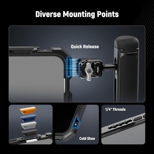 Image of NEEWER Phone Cage Compatible with iPhone 17 Pro Max, Quick Release Video Rig Stabilizer Accessories with 67mm Filter Ring, 17mm Lens Backplate, T Mount Adapter, 4X Camera Control Cap, PA144 (Black)
