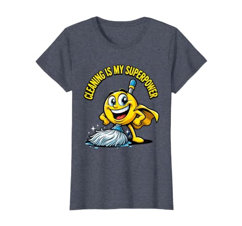 Cleaning Is My Superpower Cheerful Mop Design T-Shirt, Women, Heather Blue, Large