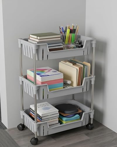 Image of JD FRESH 3-Tier Multi Storage Rack for Home & Kitchen /360-Degree Rotating Wheels with Breathable Kitchen Shelf Storage Rack /Plastic Rolling Cart for Kitchen, Bathroom, Office & Living Room (Grey)