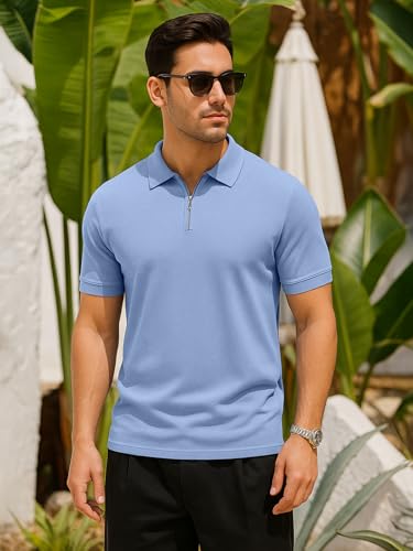 Image of Veirdo Men's Cotton Pique Polo | Premium Zip Neck Casual T-Shirt | Half Sleeve | Black Beauty, Serenity, Wheat, Zephyre